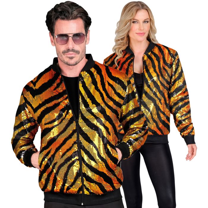 Pailletbomberjakke med tigerprint i orange