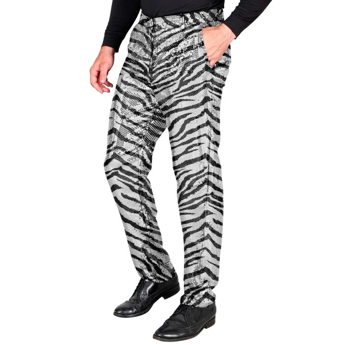 Pailletbukser til herre med zebraprint i sølv