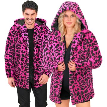 Neon pink leopardfrakke med hætte til fest