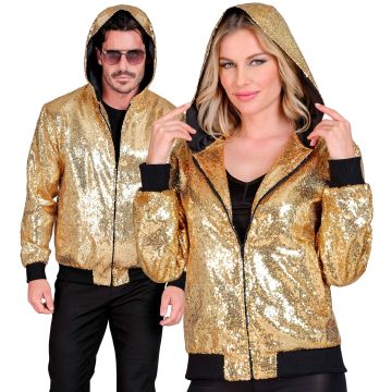 Pailletbomberjakke med hætte i guld