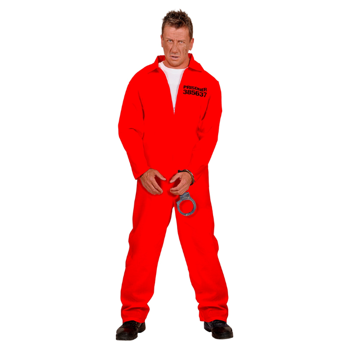 Fængselsdragt kostume mørkeorange inkl. håndjern