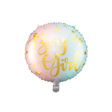 Lyserød og blå pastel farvet gender reveal folieballon med guld skrift - 35 cm
