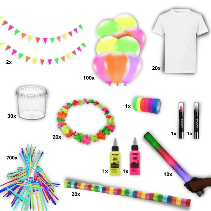 UV neon fest Pakke inkl. maling, pynt, t-shirts mm 