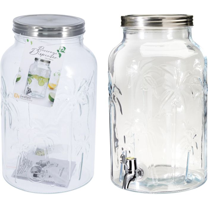Drikkedunk i glas med palmemønster og hane, 5,5 liter