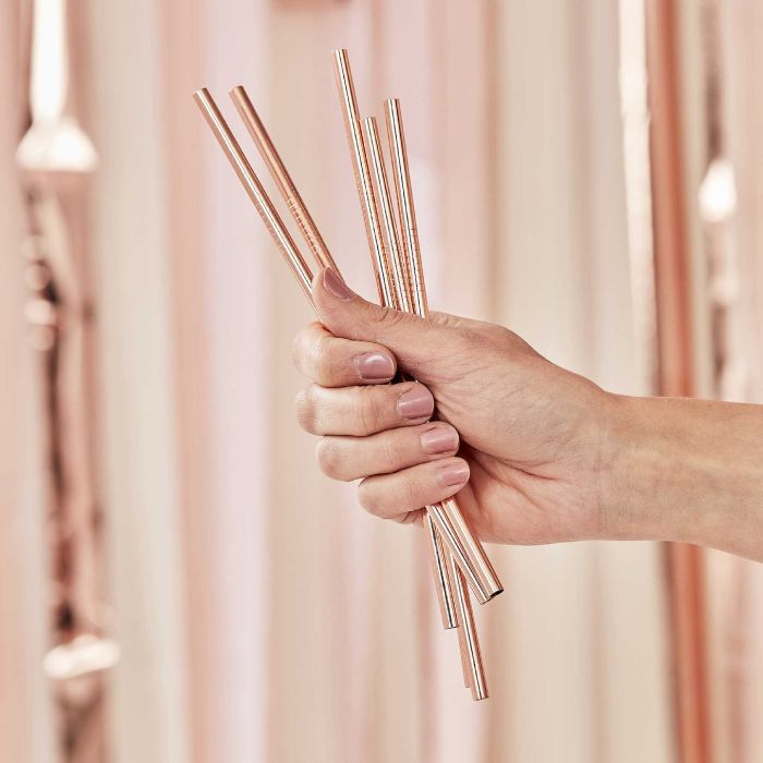 Stålsugerør i Rose Gold 5x - inkl. Børste