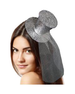 Sølv mini glitter top hat med slør