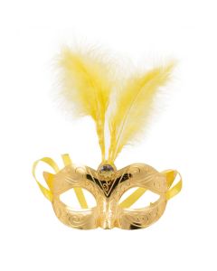 Venetiansk guld maske med fjer - 23x23 cm