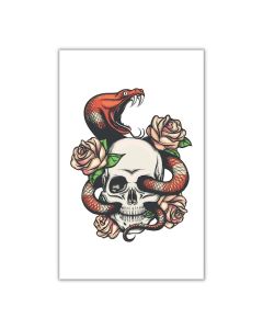 Kunstig dødningehoved tatovering med roser og slange 10.5x20 cm 