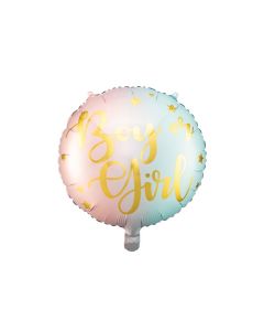 Lyserød og blå pastel farvet gender reveal folieballon med guld skrift - 35 cm