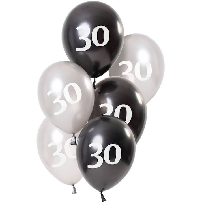 30 års balloner metallic sort og sølv 6x - 23 cm