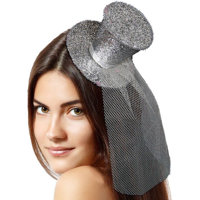 Sølv mini glitter top hat med slør