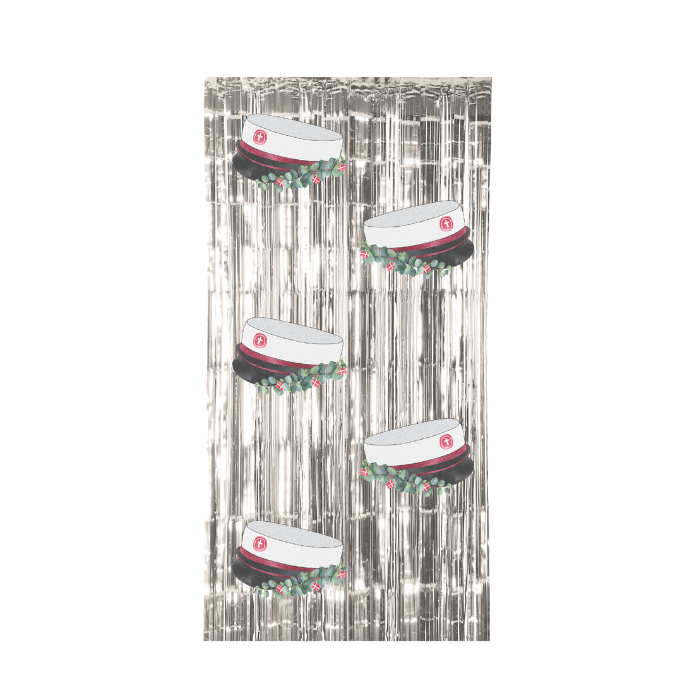 Sølv glimmerforhæng m. rød studenterhue 90x250 cm