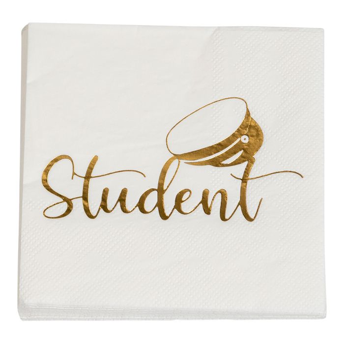 Servietter med student motiv guld 16x - 33x33 cm