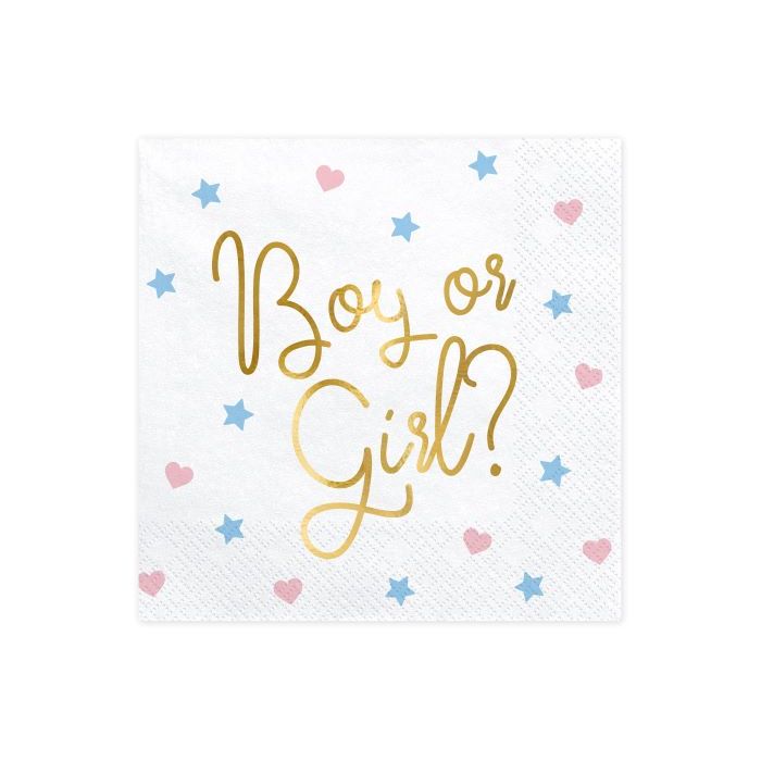 Hvide gender reveal servietter med guld skrift og motiver 20x - 33x33 cm