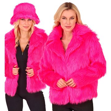 Neon pink kunstpelsjakke til damer