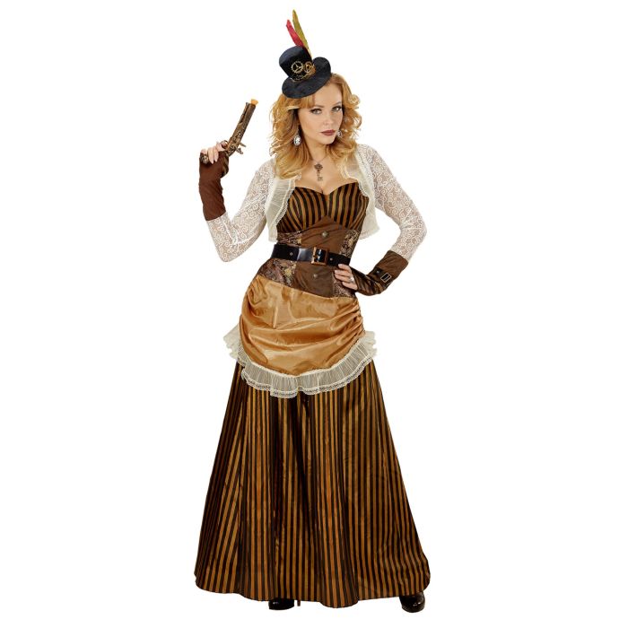 Stribet steampunk kjole i brun og guld