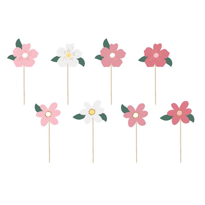 Lyserøde blomster på træpinde 8x - 14 cm