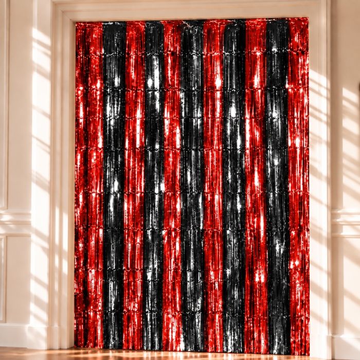 Sort og orange stribet glimmerforhæng - 100 x 240 cm