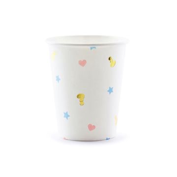 Hvide gender reveal pap kopper med motiver 6x - 200 ml
