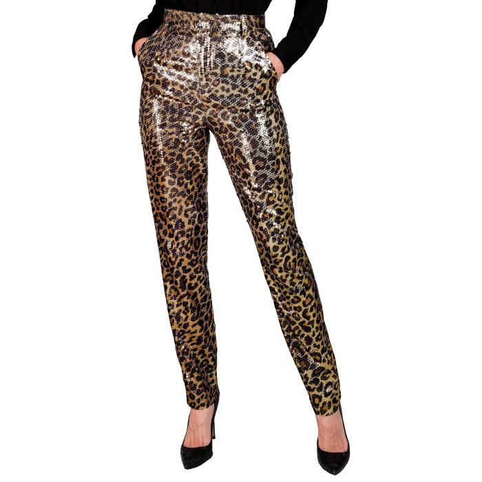 Pailletbukser til dame med leopardprint i guld