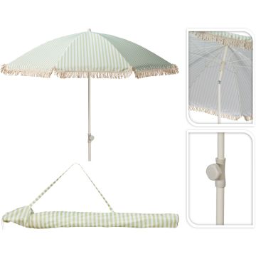Parasol med frynser, grøn og råhvid stribet, Ø 180 cm