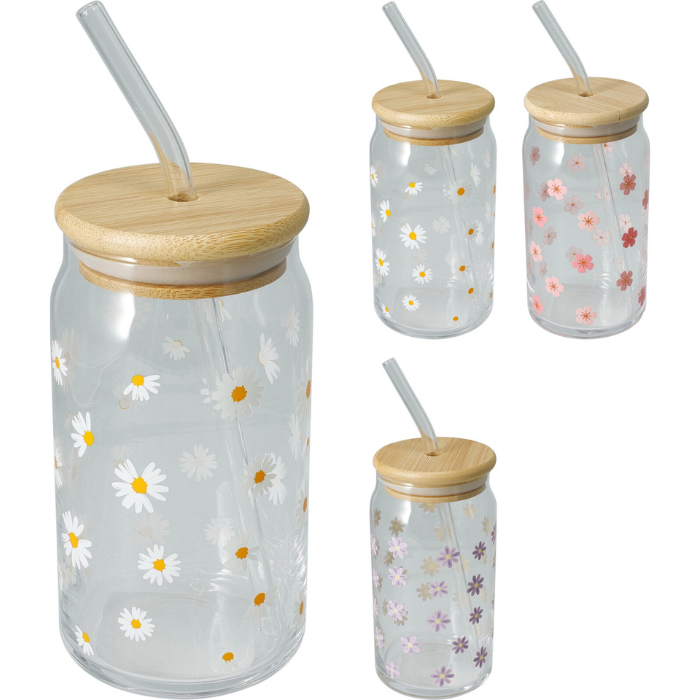 Drikkeglas med bambuslåg og sugerør 500ml ass.