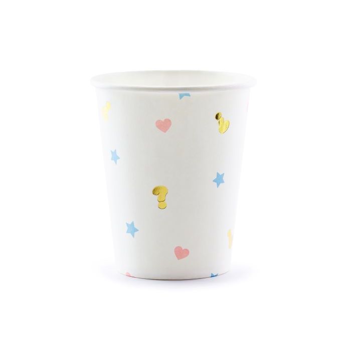 Hvide gender reveal pap kopper med motiver 6x - 200 ml