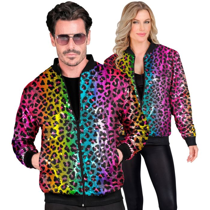Pailletbomberjakke med leopardprint i regnbue