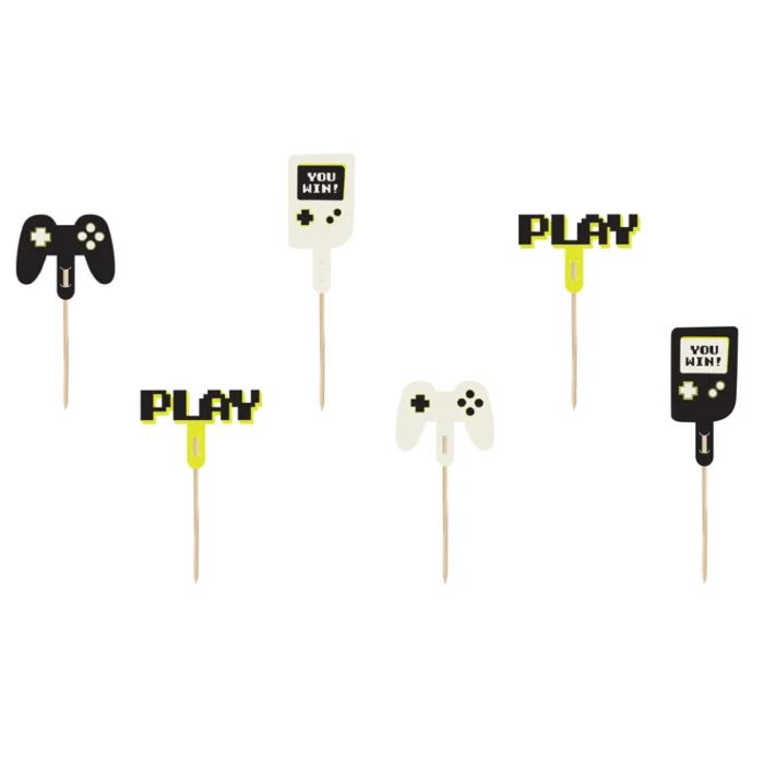 Cupcake dekorationspinde med gamer motiver 6x - 6-10,5 cm