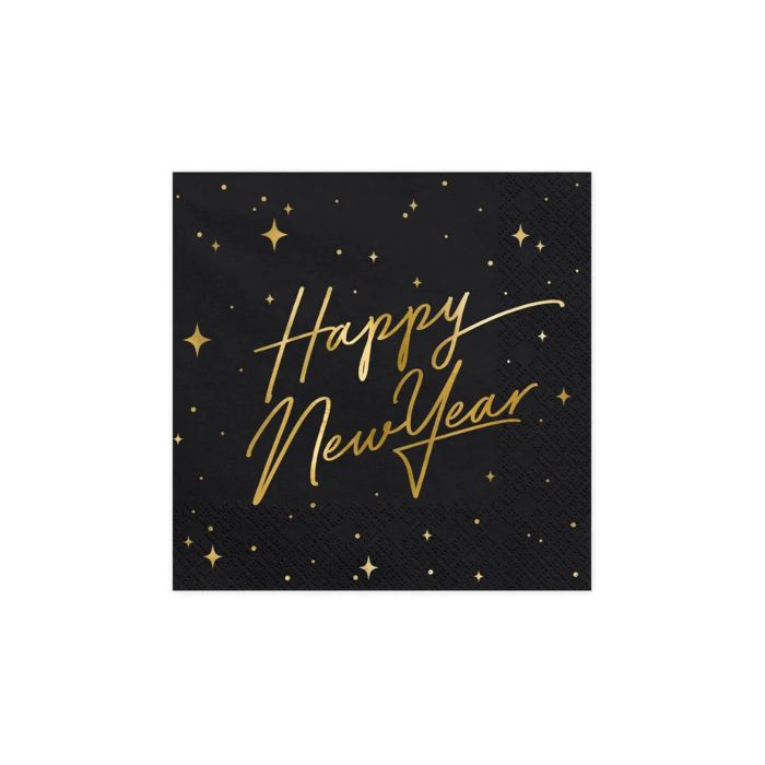 Nytårs servietter happy new year sort 20x - 33x33 cm