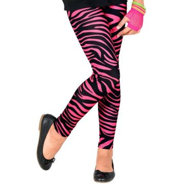 Neon pink 80'er børneleggings med zebra mønster