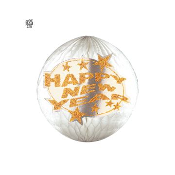 Honeycomb papirkugle glitter sølv med guld happy new year 25 cm 