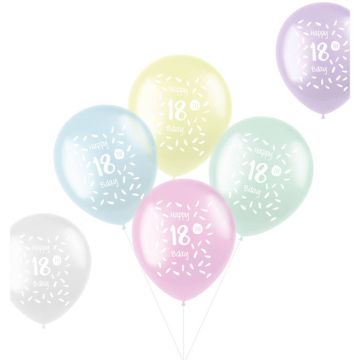 18 Års Balloner Pastelfarvet 6x - 33 cm