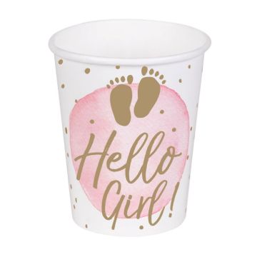 Hvid og lyserød pap kop med skrift til pige 10x - 210 ml