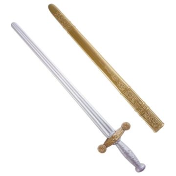 Sølv farvet ridder sværd med guld farvet skede - 75 cm