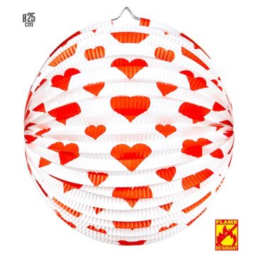 Hvid og rød hjerte rund lanterne - 25 cm