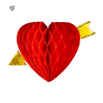 Hjerte med pil honeycomb rød - 13 cm