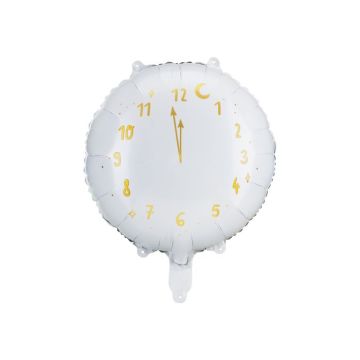 Hvid rund ur folieballon med guld visere og tal - 45 cm
