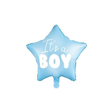 Lyseblå babyshower stjerne folieballon med hvid skrift dreng - 48 m