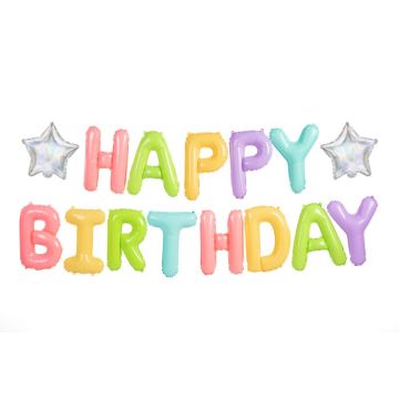 Multifarvede pastel Happy Birthday bogstav folieballoner med 2x sølv stjerner - 395x35 cm