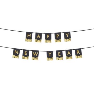 Sort nytår guirlande med guld skrift og frynser - 135x16,5 cm