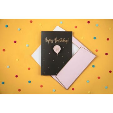 Sort 30 års fødselsdagskort med lyserød kuvert - 14,8x10,5 cm