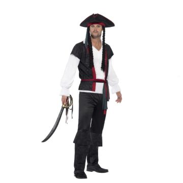 Klassisk pirat kostume med røde detaljer  