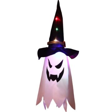 Halloween spøgelse dekoration med heksehat og LED lys - 45x25 cm