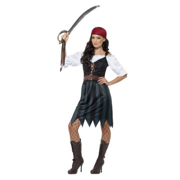 Kvindelig pirat kostume med sort kjole og hvide ærmer 