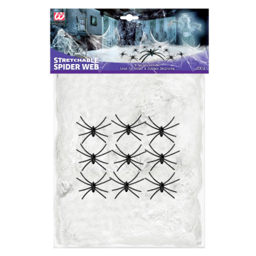 Hvidt spindelvæv med 9 edderkopper 200g 