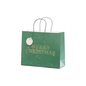 Grøn julegavepose med guld skrift - 32,5x26,5x11,5 cm