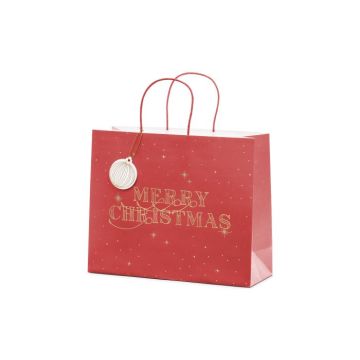 Rød julegavepose med guld skrift - 32,5x26,5x11,5 cm