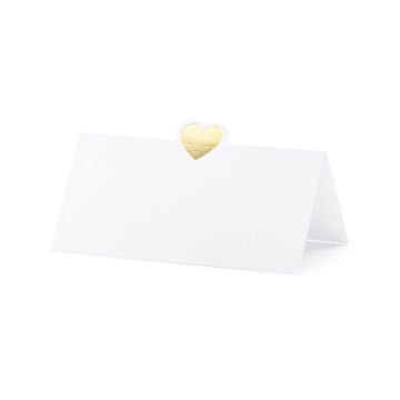 Hvidt bordkort med guld hjerte motiv 10x - 10x5 cm