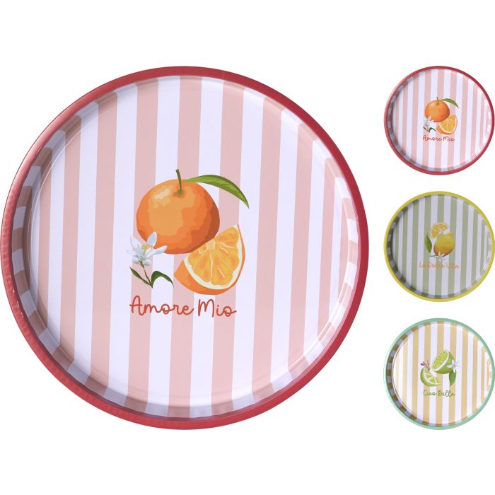 Rund serveringsbakke i blik Ø33 cm, 3 designs